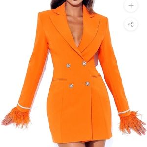 Quilla Orange Feather Crystal Sleeve Backless Blazer Dress